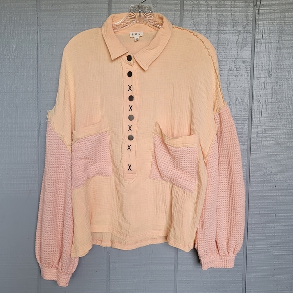 POL Women's 100% Cotton Gauzy Style Button-Front Loose Fit Top. Size: S - Picture 2 of 7